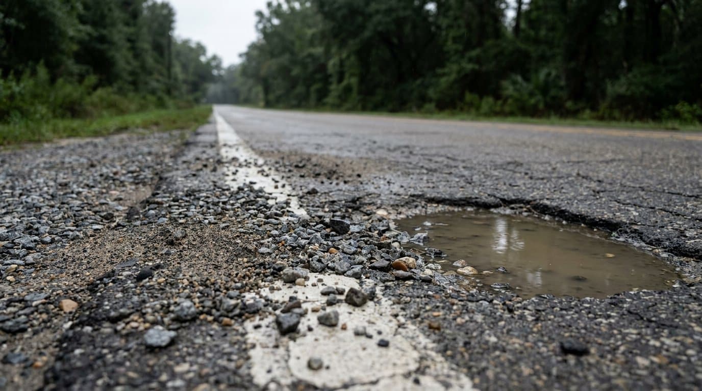 Loose gravel and a pothole with standing water on the edge of a rural Louisiana road