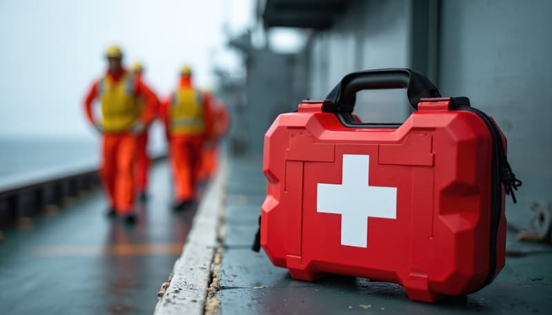 A first aid kit on the deck of a vessel, with crew members in work gear walking behind it