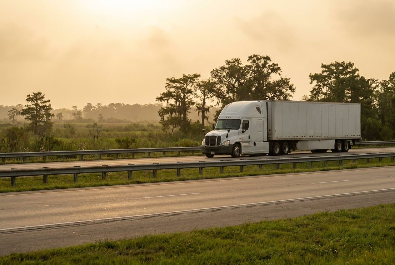 A white semi truck on a south Louisiana interstate lined with cypress and live oaks